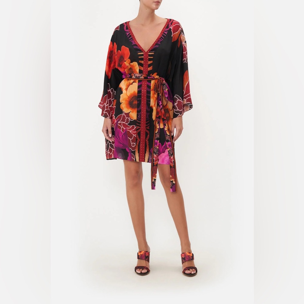 CAMILLA “Midnight Poppy” black floral silk short boho kimono caftan OS no belt